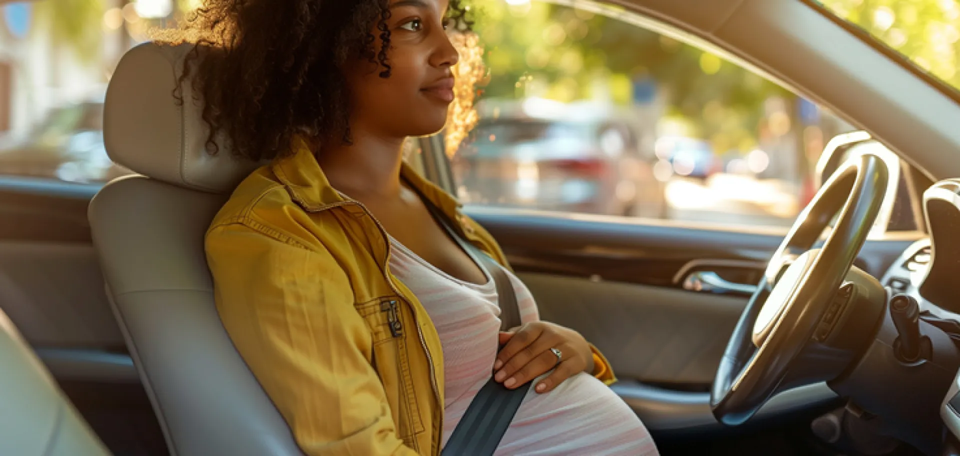 Femme enceinte avec ceinture de sécurité au volant d'une voiture