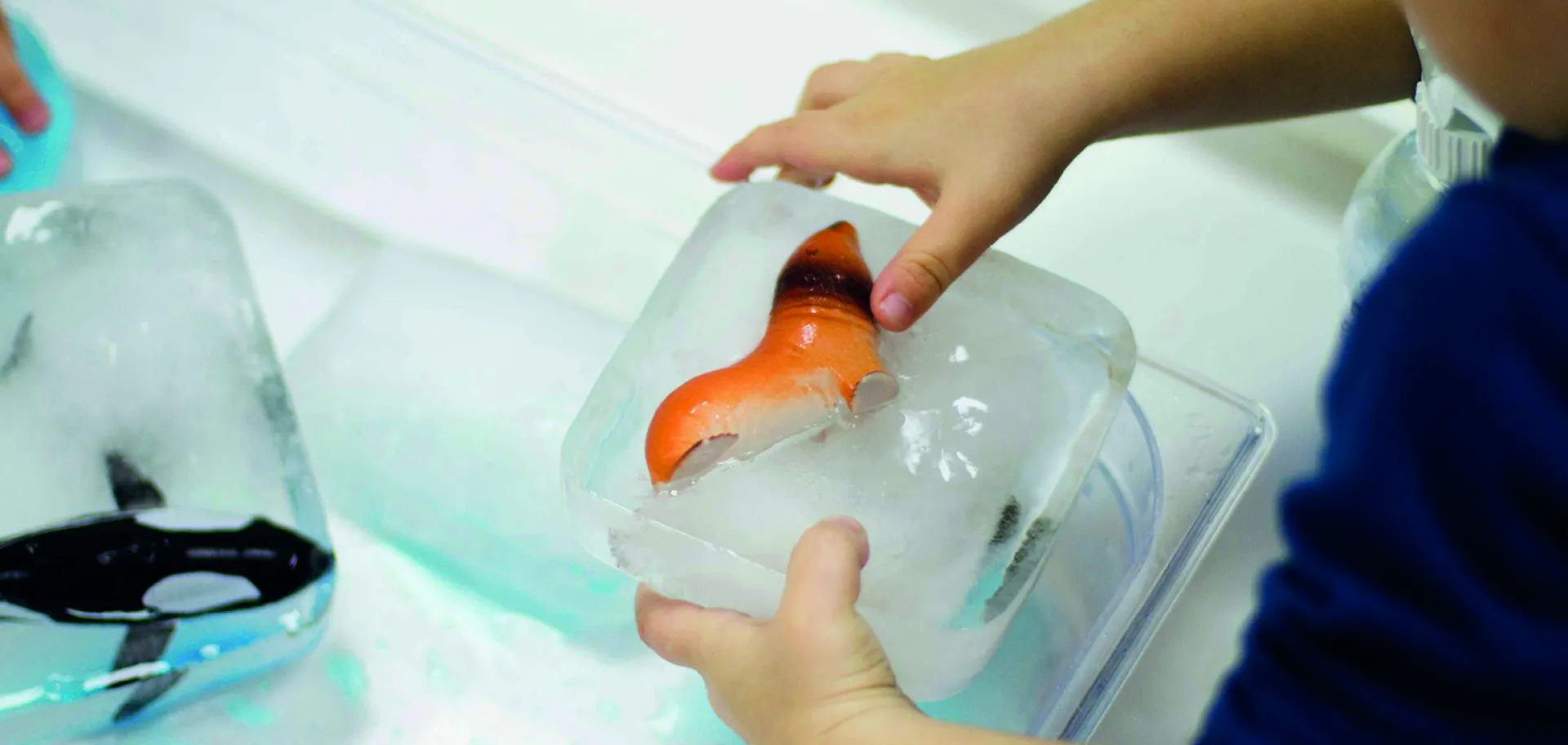 mains d'enfant jouant avec un bloc de glace
